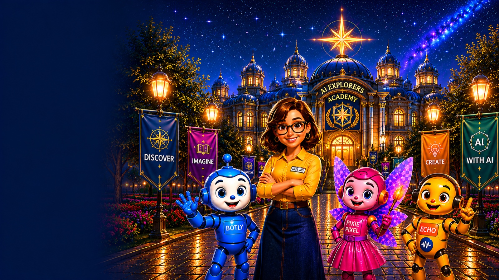Miss JOY with Botly, Pixie Pixel and Echo in front of the illuminated AI Explorers Academy campus, with a glowing compass star above