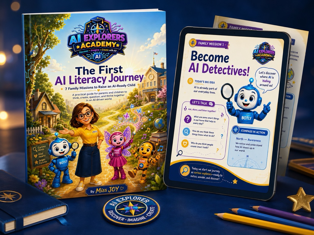 The First AI Literacy Journey — printed family mission pages laid out together