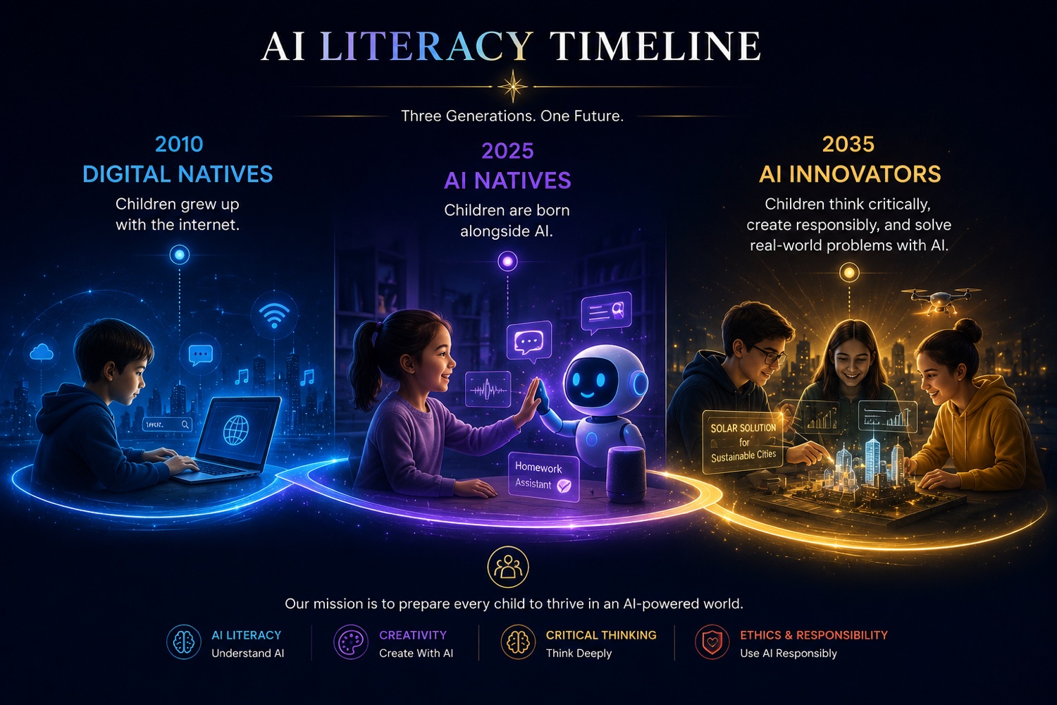 The AI Literacy Timeline — a child grows through three eras of AI